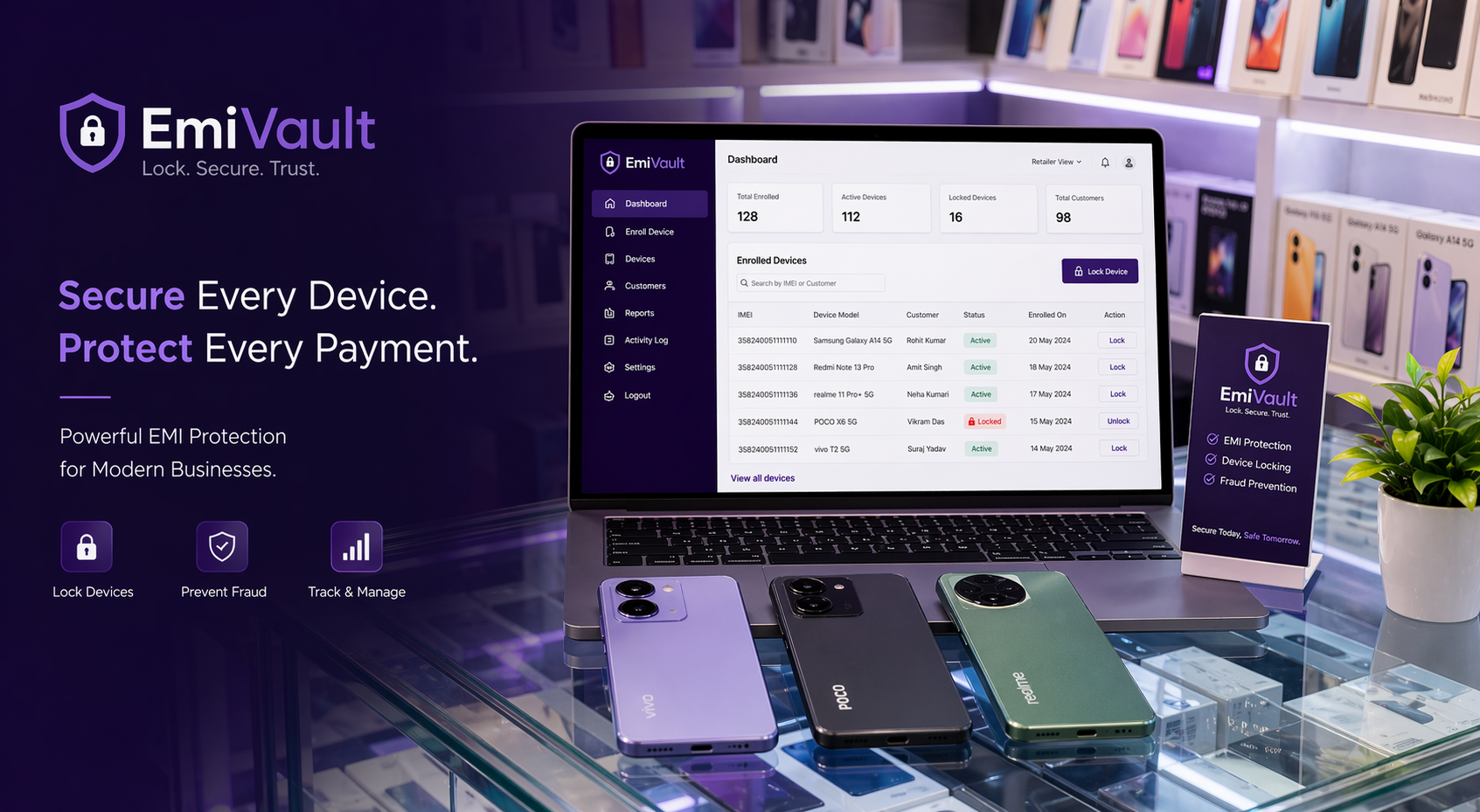 Mobile retailer using EmiVault dashboard to remotely lock financed Android phone from EMI default